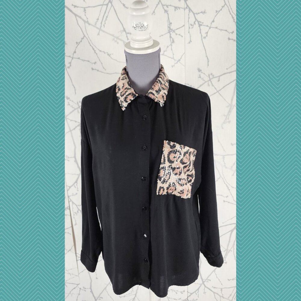 Milan Kiss Sequin Leopard Print Panel Button Front Shirt